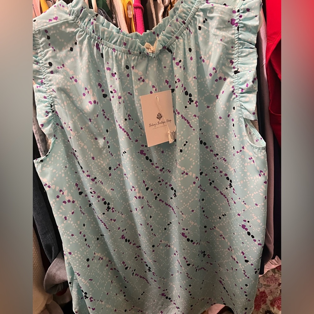 Mint Blue Sleeveless Ruffled Neck Dress with Speckled Print
